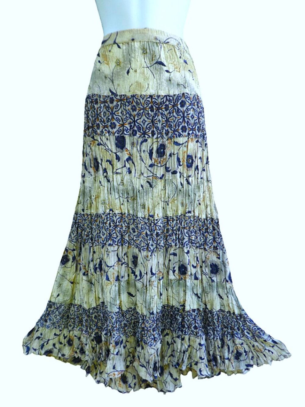 Vintage 90s Fairy Grunge Maxi Crinkle Skirt Blue Gray Mixed Floral Tiered Elast